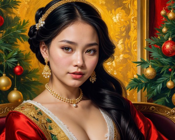 Young Woman in Red Gown with Festive Background