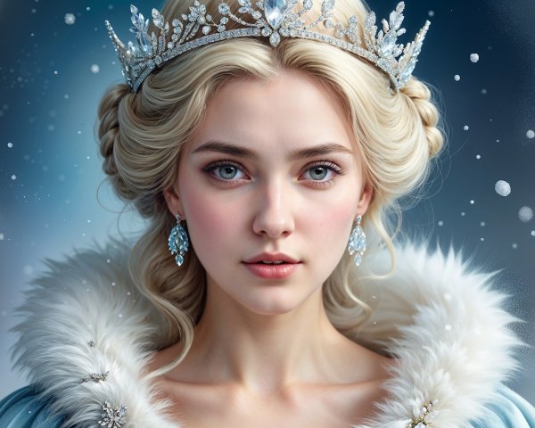 Regal Young Woman in Crystal Crown and Fur Cloak