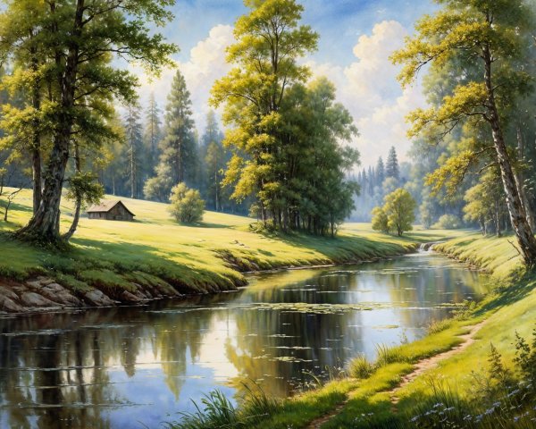 Tranquil River Landscape with Lush Greenery and Cabin