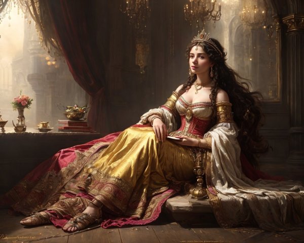 Regal woman in historical dress with book in ornate room