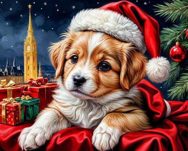 Puppy in Santa Hat Amid Snowy Holiday Cityscape