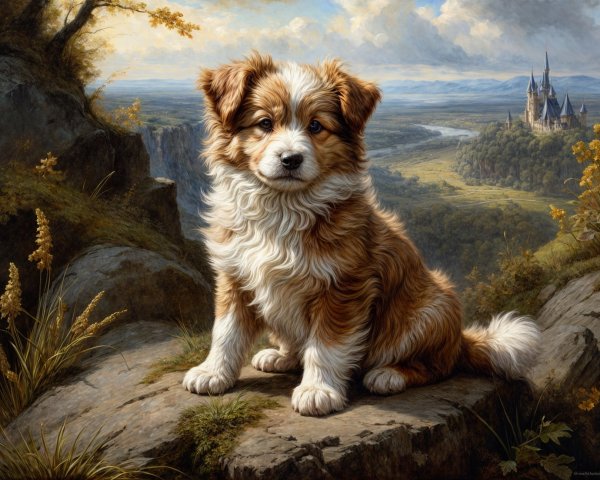 Fluffy Reddish-Brown Puppy on Rocky Ledge with Castle