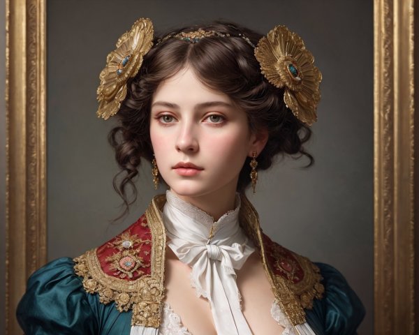 Young Woman in Elegant Period Attire with Accessories