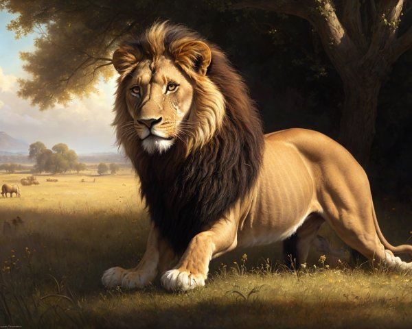Majestic lion in sunlit savanna with serene backdrop