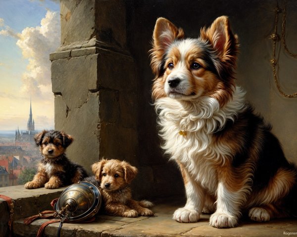 Corgi and Puppies with Cityscape Background