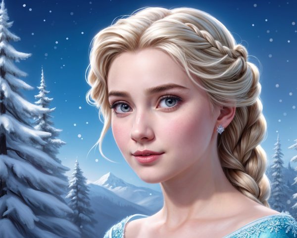 Young woman in blue dress amid winter scenery