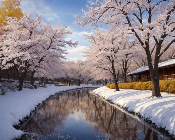 Tranquil cherry blossom trees by river with snow-covered banks