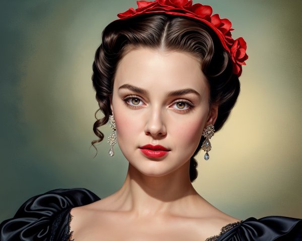 Elegant woman in dark gown with floral accents