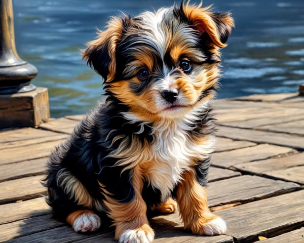 Fluffy Puppy on Sunlit Wooden Dock by Water