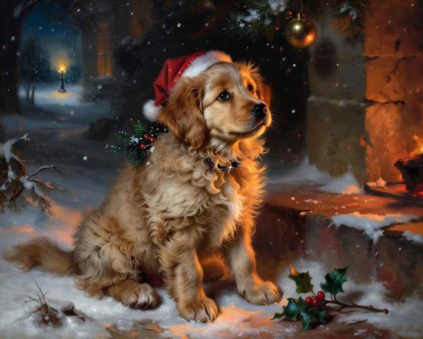 Golden retriever puppy in Santa hat by fireplace