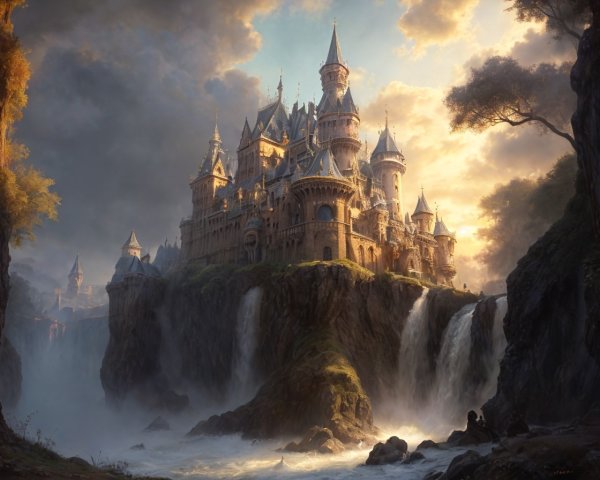 Majestic castle on waterfall in mystical forest at sunset