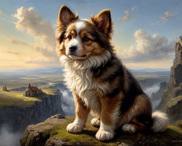 Fluffy Dog on Rocky Ledge with Scenic Landscape