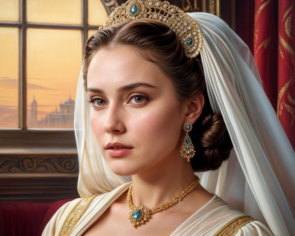 Young Woman in Regal Attire with Golden Crown and Jewelry