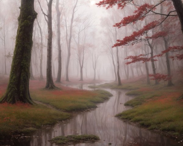 Misty Forest Scene with Trees and Gentle Stream