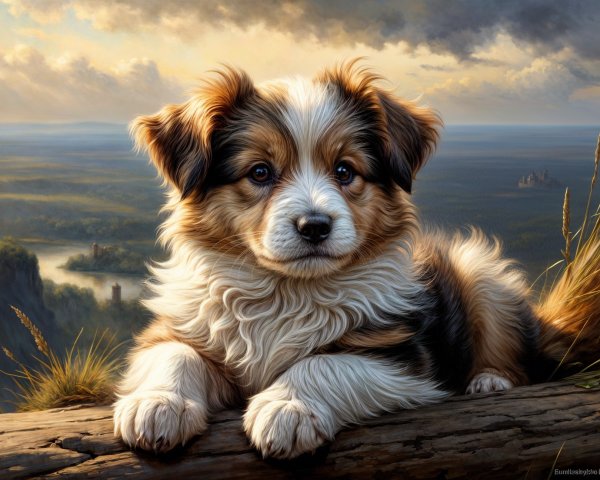 Playful Puppy on Log with Scenic Landscape View