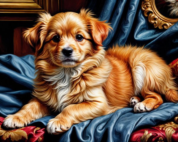 Fluffy Puppy on Textured Blue Fabric Background