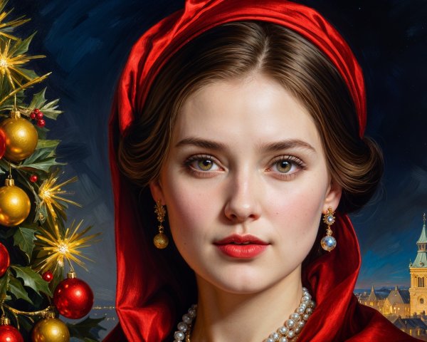 Young woman in red scarf by a Christmas tree