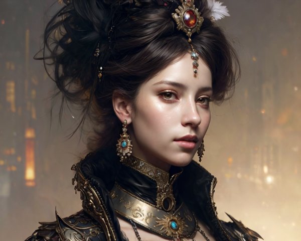 Regal Figure in Dark Ornate Attire with Jewels