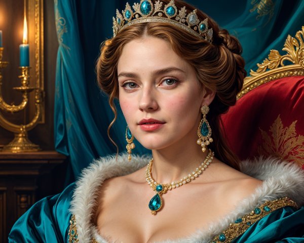 Regal Woman on Throne in Luxurious Blue Gown