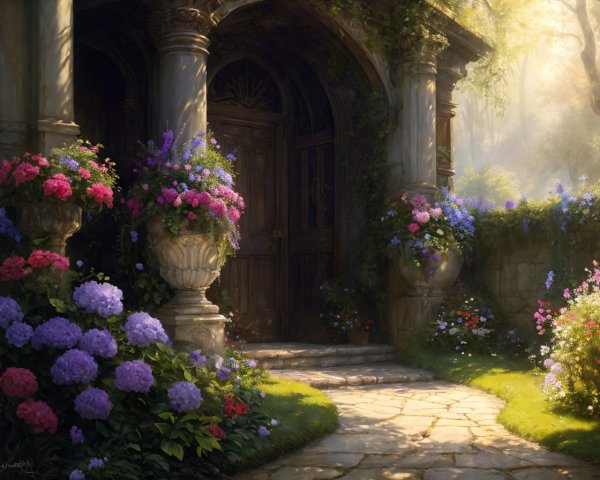 Enchanting garden pathway with vibrant hydrangeas and wooden door