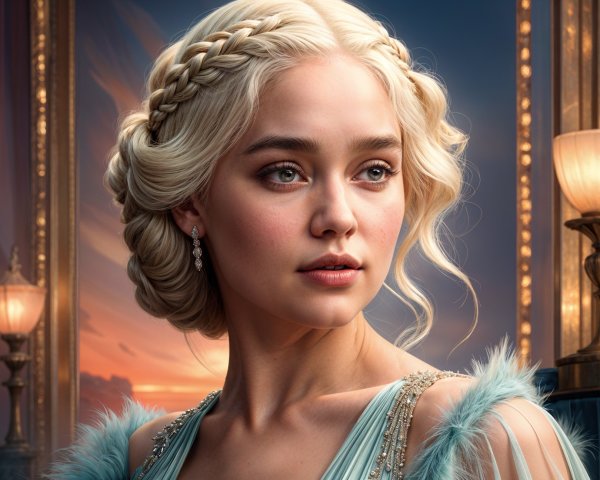 Elegant Woman in Light Blue Gown at Sunset
