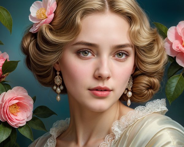 Young woman with blonde hair and floral accents