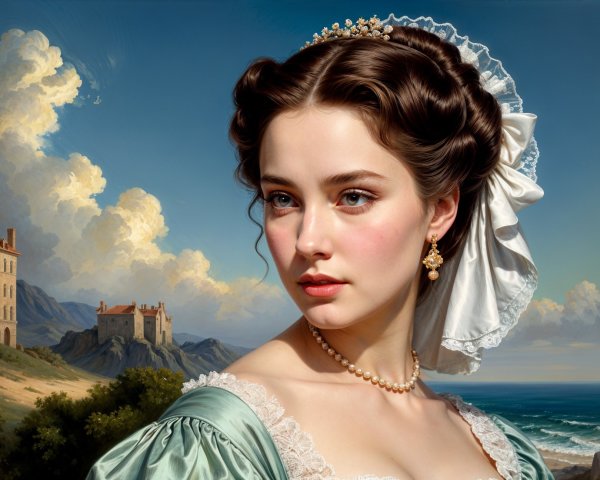 Elegant Young Woman in Green Dress by the Sea