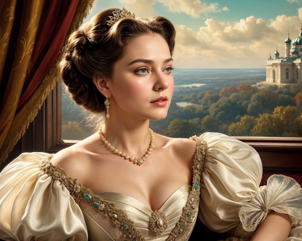 Young Woman in Elegant Attire by Castle Window