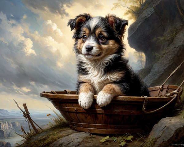 Puppy in a Wooden Basket Amidst Scenic Landscape