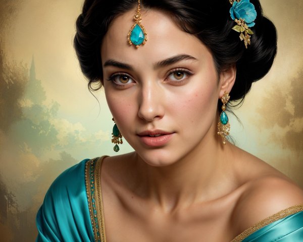 Young Woman in Turquoise with Elegant Accessories
