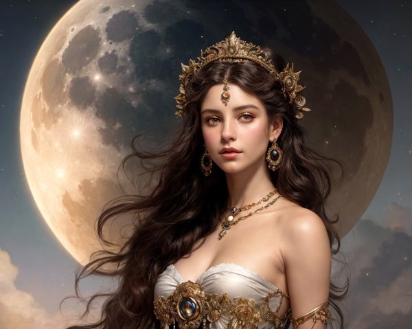 Digital artwork: Woman with long wavy hair in regal attire and gold jewelry, with detailed moon