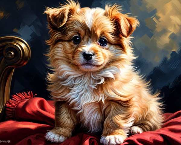 Golden-brown puppy on plush red cloth with soft lighting