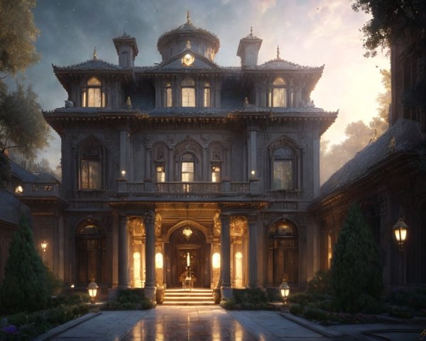 Opulent mansion illuminated at dusk with lush greenery