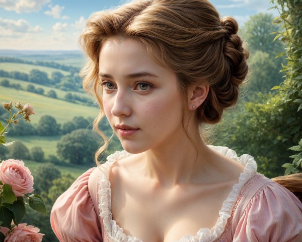 Thoughtful Young Woman in Vintage Pink Gown Outdoors