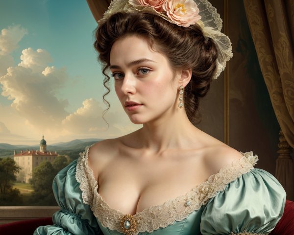 Elegant Vintage Dress Portrait in Serene Landscape