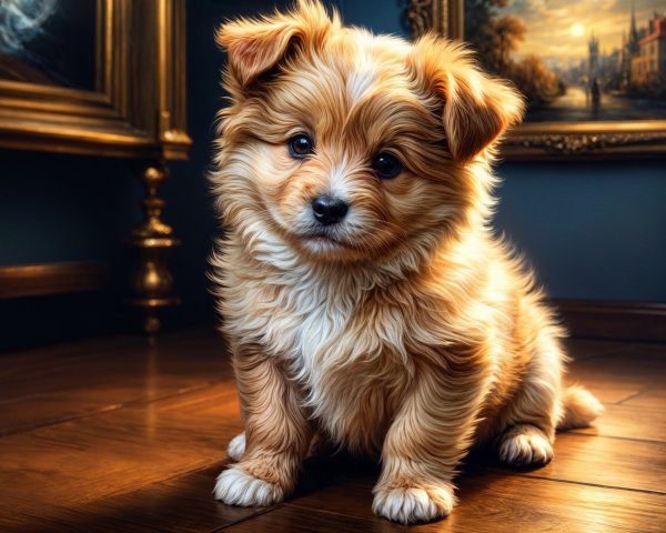 Fluffy Golden-Brown Puppy on Polished Wooden Floor