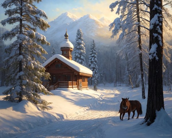 Snowy Winter Landscape: Wooden Cabin, Horse, Mountains