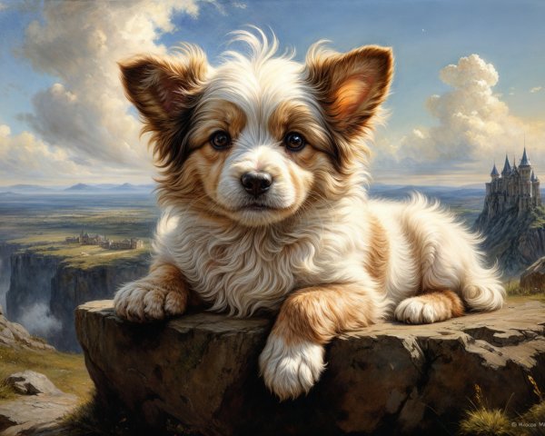 Fluffy Dog on Rocky Outcrop with Scenic Landscape