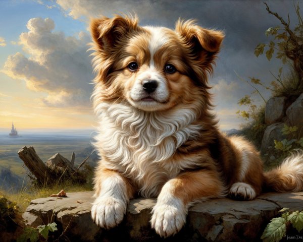 Puppy on Rocky Outcrop with Scenic Sunset Landscape