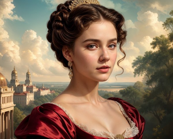 Elegant Woman in Red Gown Amidst Scenic Landscape