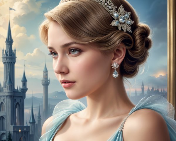 Regal Young Woman in Light Blue Gown by Castle