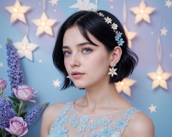 Young Woman in Floral Dress with Dreamy Background