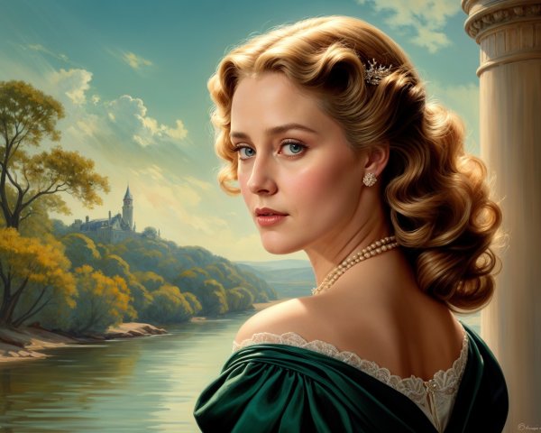 Vintage Glamour Woman in Green Gown by River and Castle