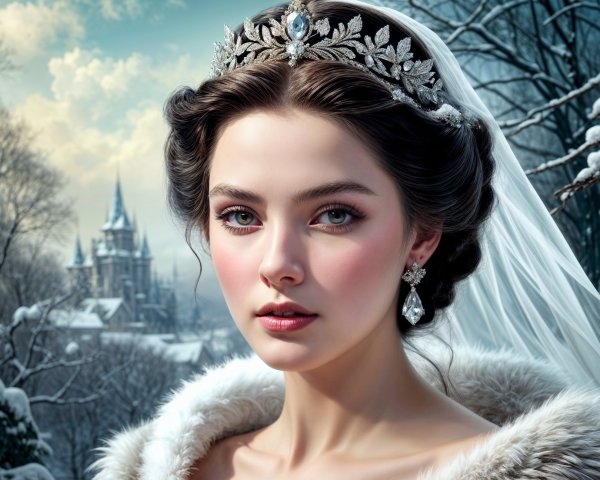 Young woman in tiara with snowy castle backdrop