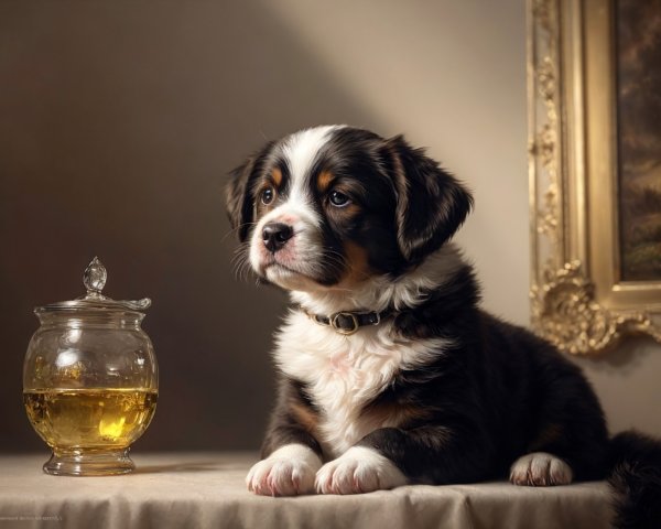 Tricolor Puppy Beside Jar of Honey