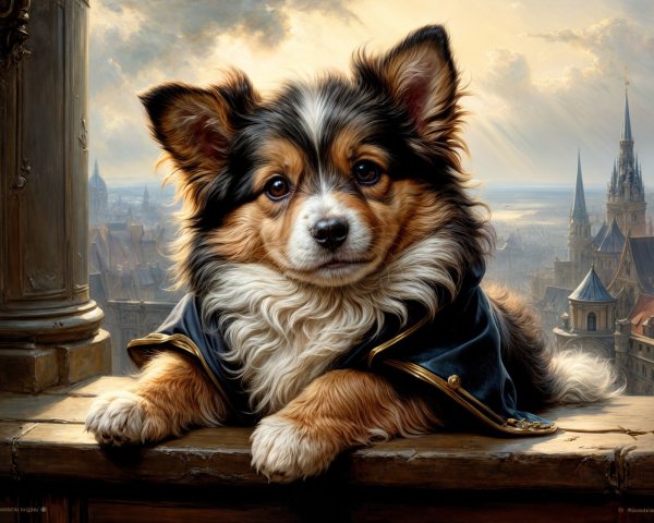Fluffy Dog on Railing Overlooking Scenic Cityscape