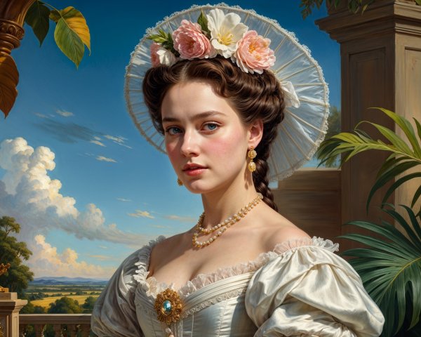 Elegant Young Woman in White Dress with Floral Accents