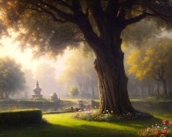 Tranquil landscape with large tree, serene pond, and fountain