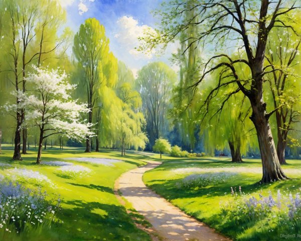 Lush Spring Park with Vibrant Flowers and Trees