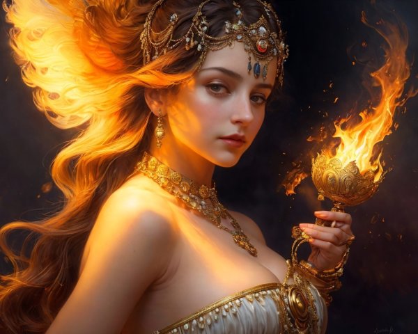 Woman in White Gown with Gold Jewelry and Flames